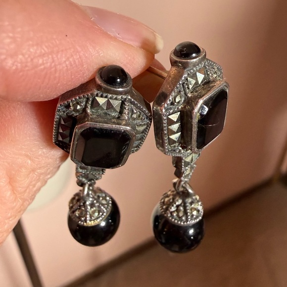 Judith Jack vintage Art Deco Sterling silver Onyx Dangle Earrings - Picture 9 of 16